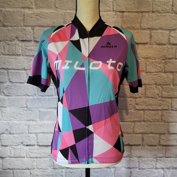 Miloto women's multi colored front zipper short sleeve cycling jersey size L - Picture 3 of 9